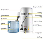 Water distiller with labeled parts highlighting stainless steel construction and heat dissipation features