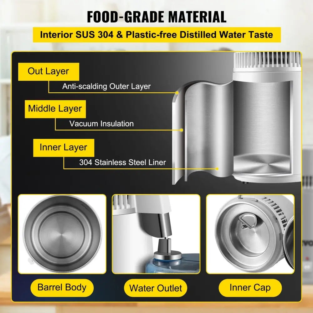 Water distiller components showing stainless steel construction and heat dissipation features