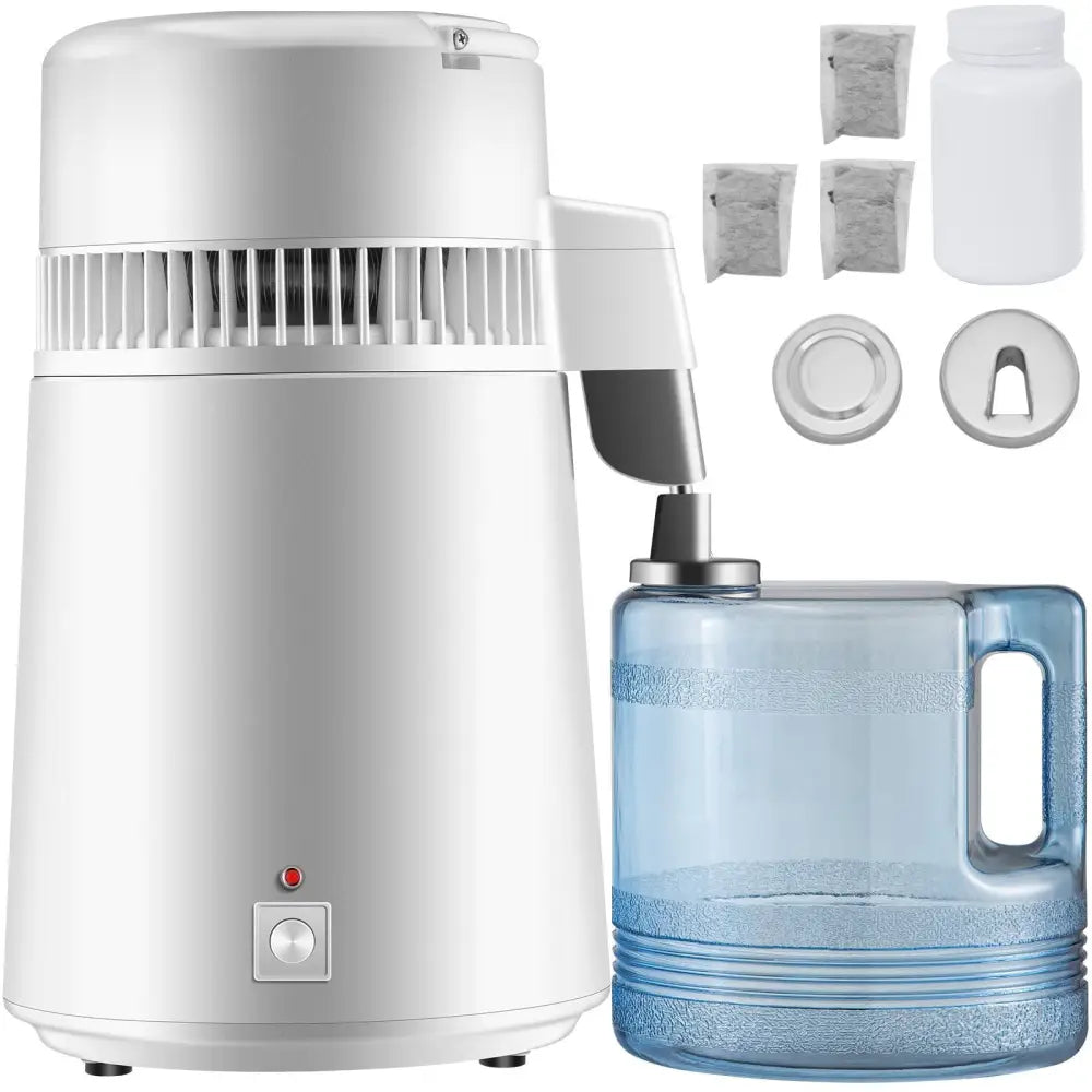 White water distiller with stainless steel components and heat dissipation accessories