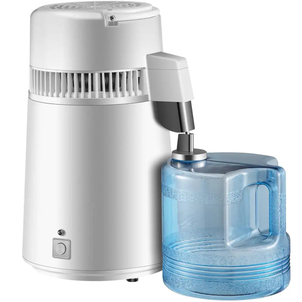 White water distiller with stainless steel construction and blue heat dissipation collection container