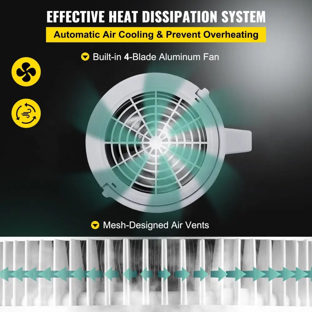 Heat dissipation system with fan and air vents on stainless steel water distiller