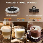Electric milk frother with stainless steel attachments and drink examples for perfect foam