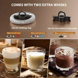 Electric milk frother with stainless steel attachments and drink examples for perfect foam