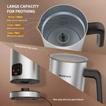 Electric milk frother in stainless steel with capacity markings for perfect frothing