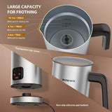 Electric milk frother in stainless steel with capacity markings for perfect frothing