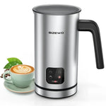Silver stainless steel electric milk frother with black handle for creamy foam