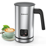 Silver stainless steel electric milk frother with black handle for creamy foam