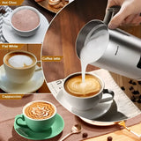 Coffee beverage collage featuring Electric Milk Frother stainless steel milk foamer for rich, creamy drinks