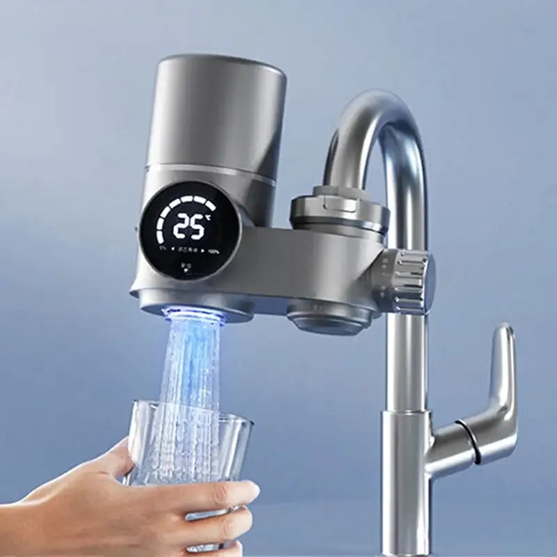 Silver faucet with digital display pouring water into a glass, part of Electric Water Purifier system