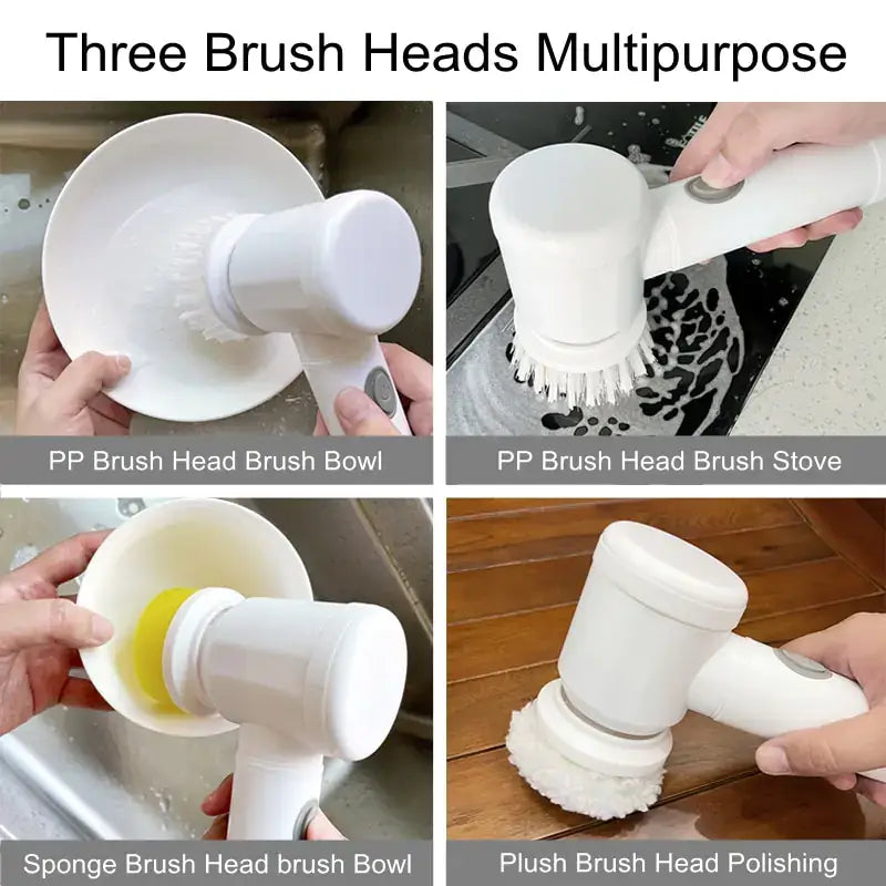 Electric wireless cleaning brush kit with interchangeable heads for versatile cleaning tasks