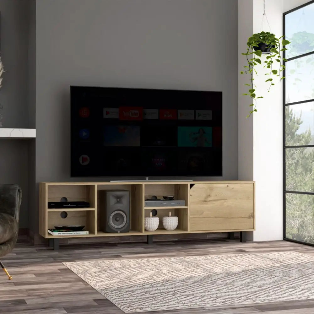 Wooden Estocolmo TV Stand with compartments and 1-year warranty coverage for up to 70-inch TVs