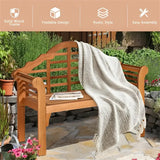 Eucalyptus wood garden bench with throw blanket showcasing durable eucalyptus wood garden furniture