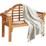 Eucalyptus wood garden bench with throw blanket, perfect for outdoor relaxation