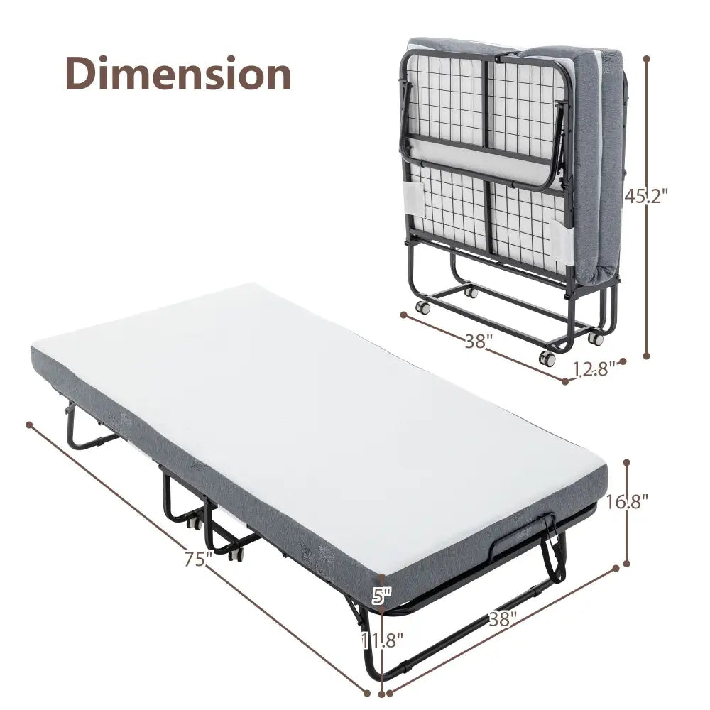 Foldable rollaway guest bed with memory foam mattress and dimensions for easy storage