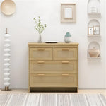 Wooden dresser with woven drawer fronts showcasing natural rattan and load-bearing capacity