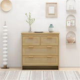 Wooden dresser with woven drawer fronts showcasing natural rattan and load-bearing capacity