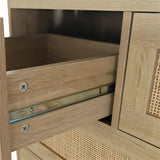 Open wooden drawer with metal slide in a natural Rattan Cabinet highlighting load-bearing capacity