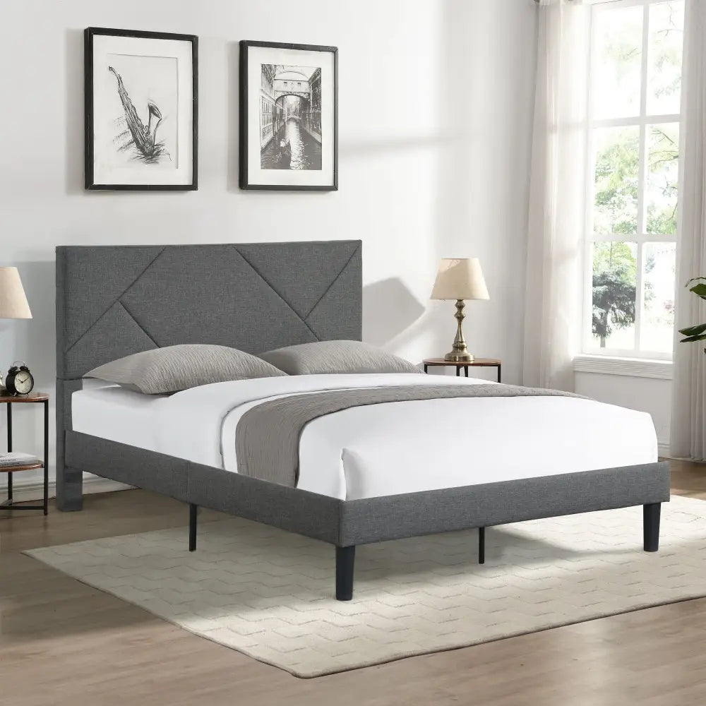 Gray upholstered full size platform bed frame no box spring needed for modern bedroom style