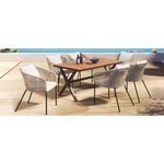 Outdoor dining set with woven chairs featuring acacia wood tabletop in a 7-piece package size