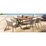 Outdoor dining set with woven chairs featuring acacia wood tabletop in a 7-piece package size
