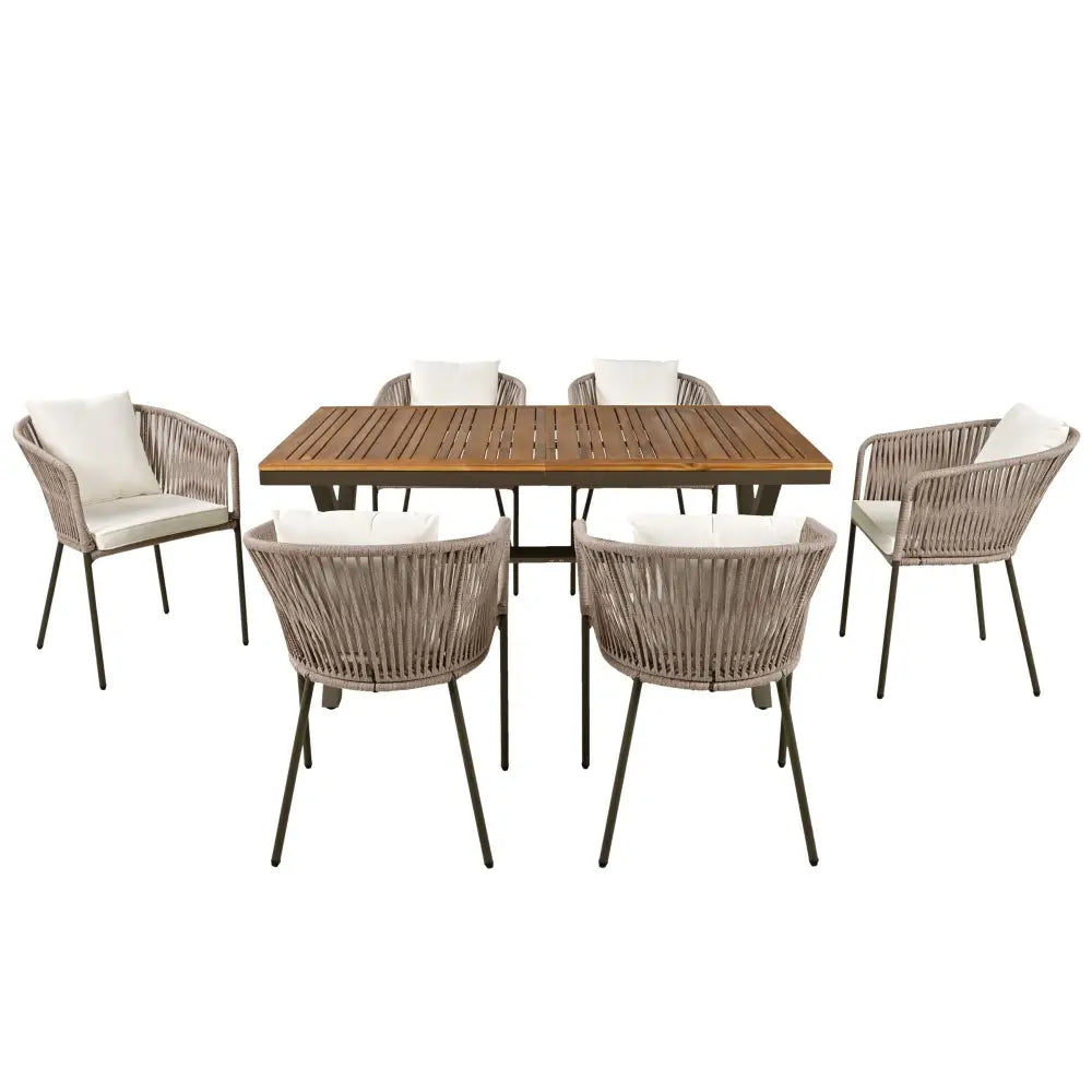Outdoor dining set with acacia wood tabletop, 7-piece package size for patio use
