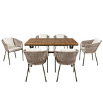 Outdoor dining set with acacia wood tabletop, 7-piece package size for patio use