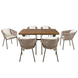 Outdoor dining set with acacia wood tabletop, 7-piece package size for patio use