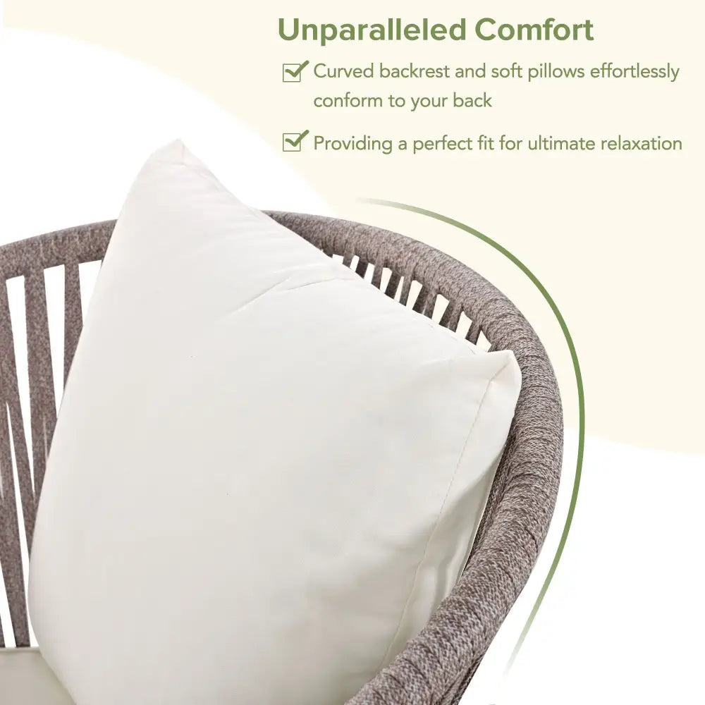 Comfortable patio chair with pillow in GO 7 Piece Beige Patio Dining Set featuring acacia wood tabletop