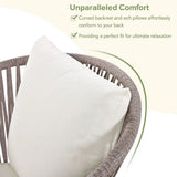 Comfortable patio chair with pillow in GO 7 Piece Beige Patio Dining Set featuring acacia wood tabletop