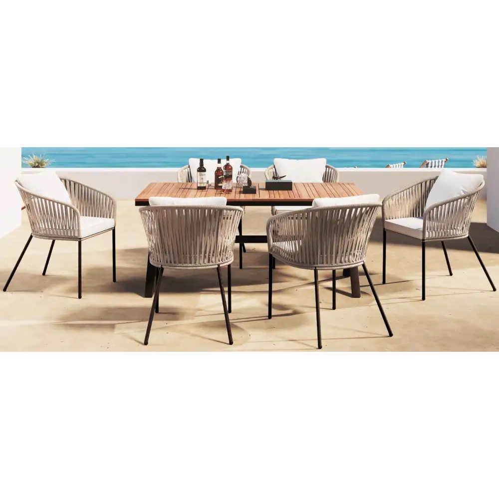 Outdoor dining set with rope chairs featuring acacia wood tabletop and specified package size