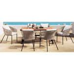 Outdoor dining set with rope chairs featuring acacia wood tabletop and specified package size