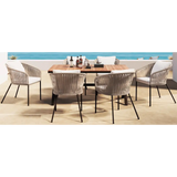 Outdoor dining set with rope chairs featuring acacia wood tabletop and specified package size