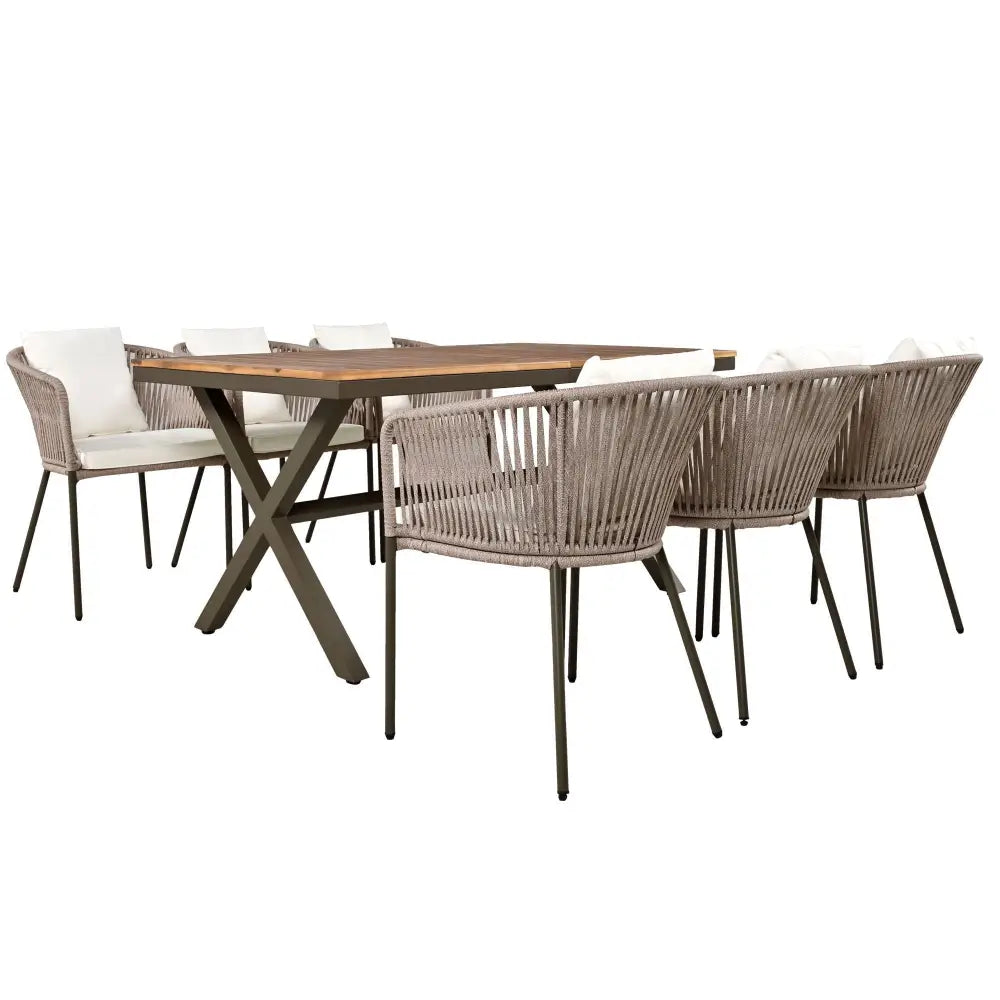 Outdoor dining set featuring acacia wood tabletop in 7-piece package size