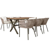 Outdoor dining set featuring acacia wood tabletop in 7-piece package size
