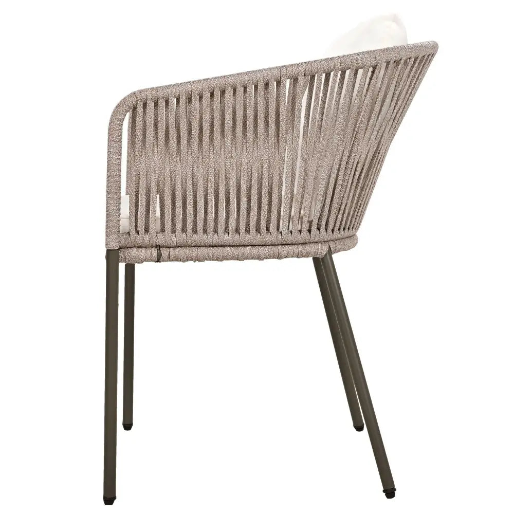 Woven outdoor armchair from GO 7 Piece Beige Patio Dining Set with acacia wood tabletop