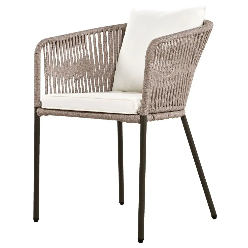 Woven outdoor armchair with cushion from GO 7 Piece Beige Patio Dining Set featuring acacia wood tabletop