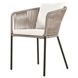 Woven outdoor armchair with cushion from GO 7 Piece Beige Patio Dining Set featuring acacia wood tabletop