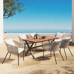 Outdoor dining set with acacia wood tabletop, in 7-piece package size for patio use