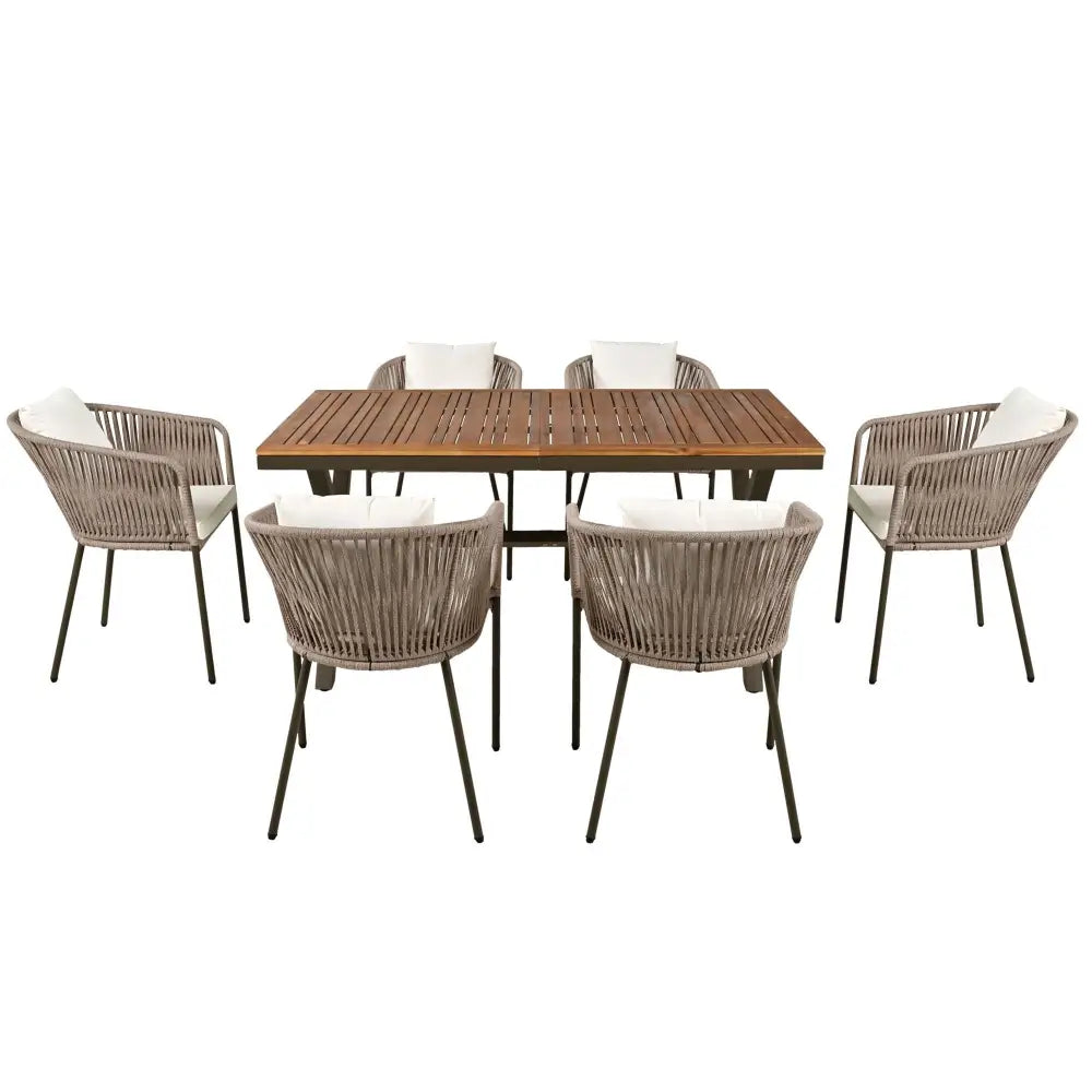 Outdoor dining set with acacia wood tabletop, 7-piece package size for patio use