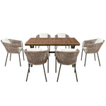 Outdoor dining set with acacia wood tabletop, 7-piece package size for patio use