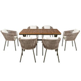 Outdoor dining set with acacia wood tabletop, 7-piece package size for patio use