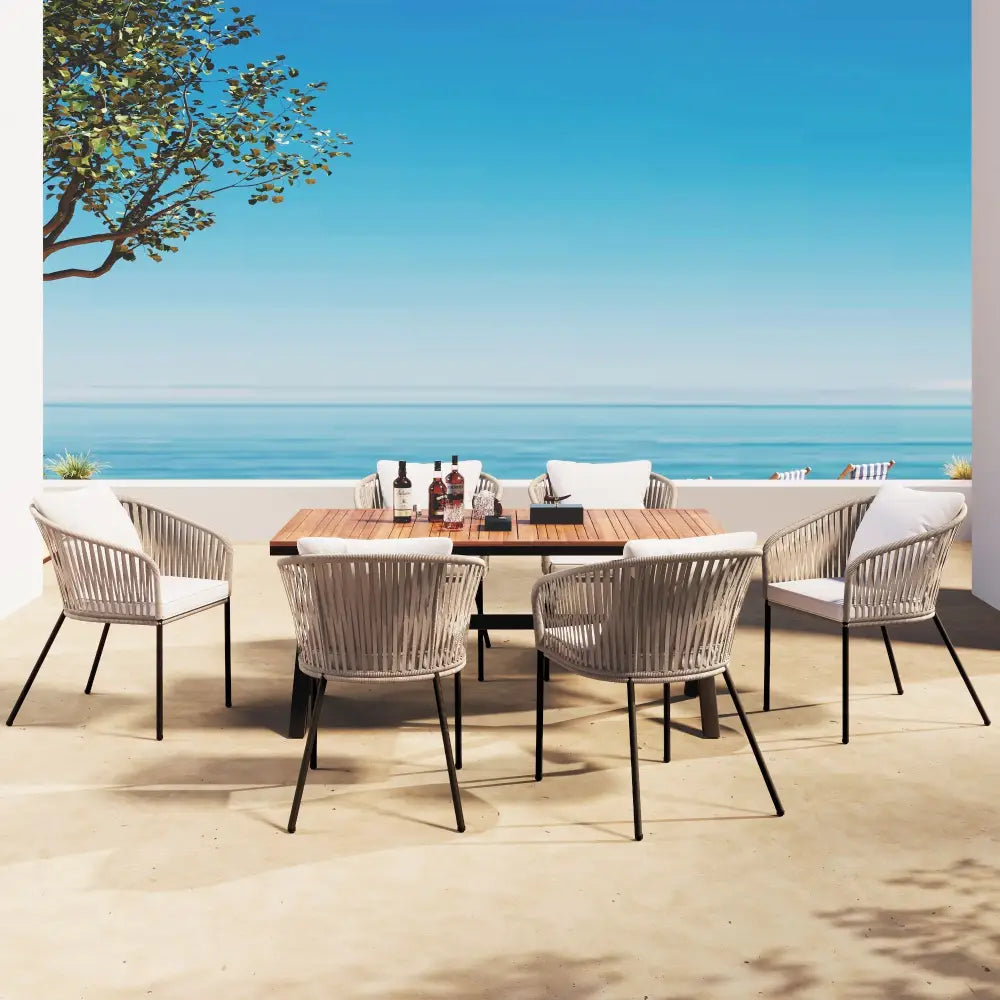 Outdoor dining set with acacia wood tabletop, large package size for 7-piece patio dining set