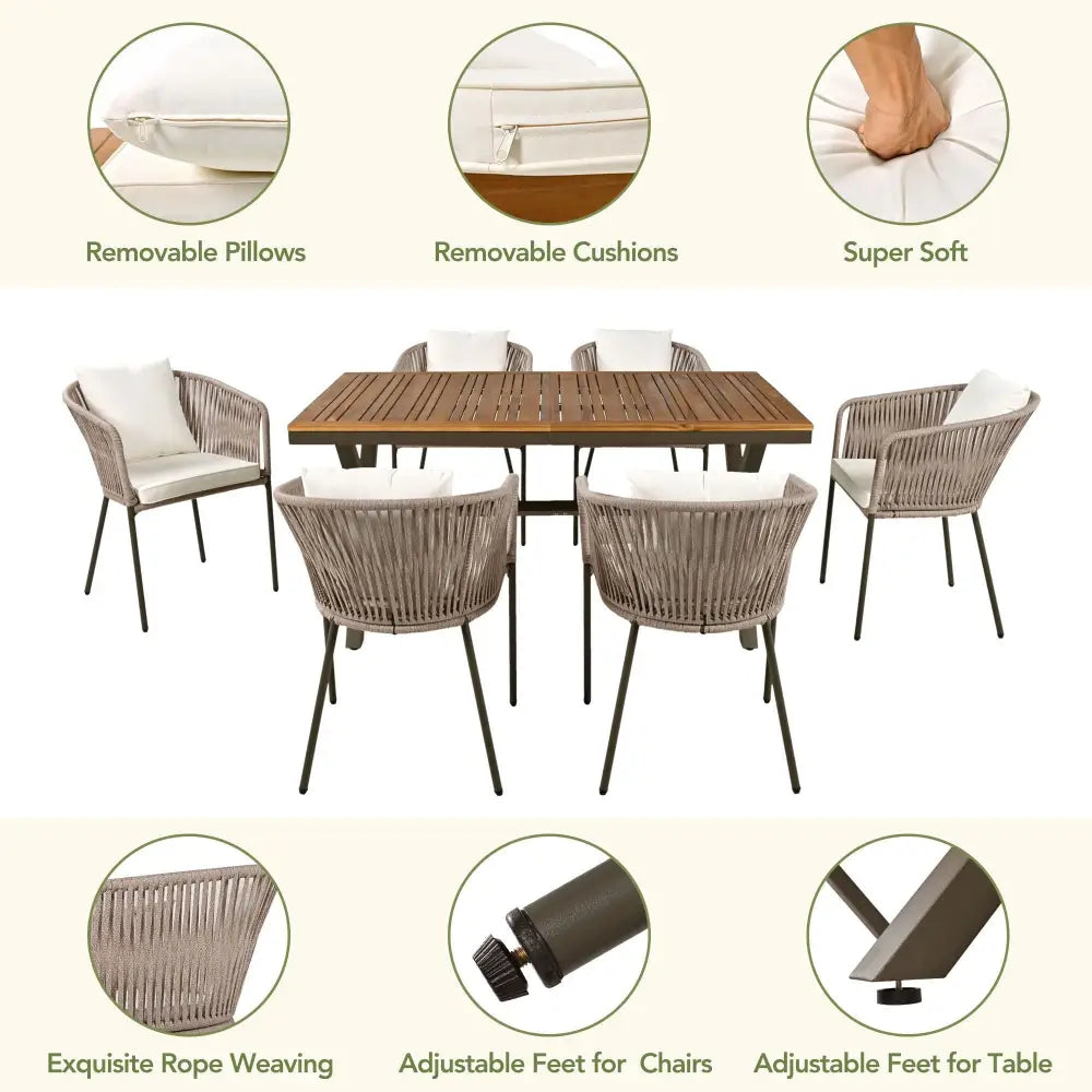 Outdoor dining set with removable cushions and adjustable feet featuring acacia wood tabletop
