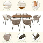 Outdoor dining set with removable cushions and adjustable feet featuring acacia wood tabletop