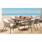 Outdoor dining set with acacia wood tabletop in package size for 7-piece beige patio dining
