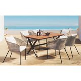 Outdoor dining set with acacia wood tabletop in package size for 7-piece beige patio dining