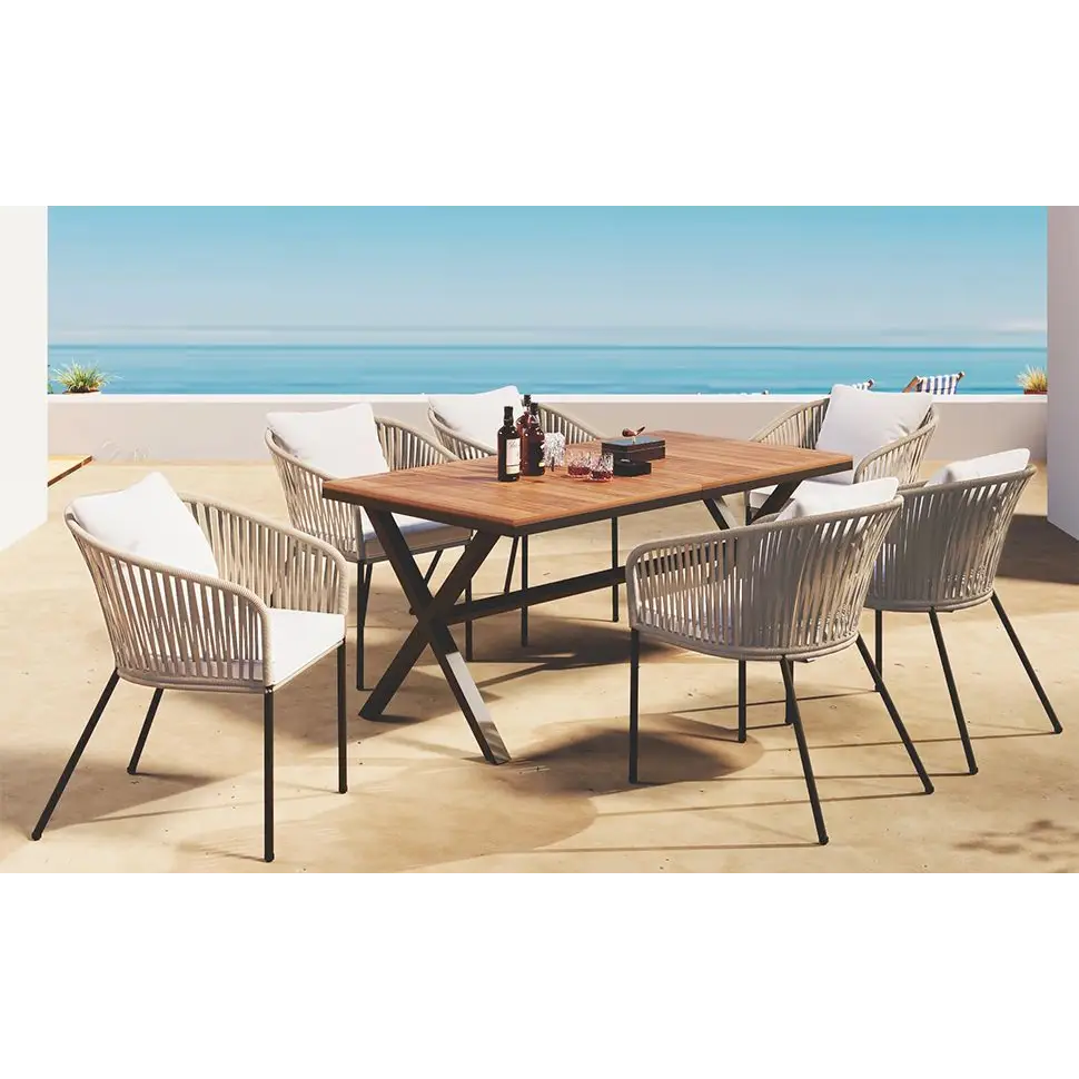 Outdoor dining set with acacia wood tabletop in package size for 7-piece beige patio dining