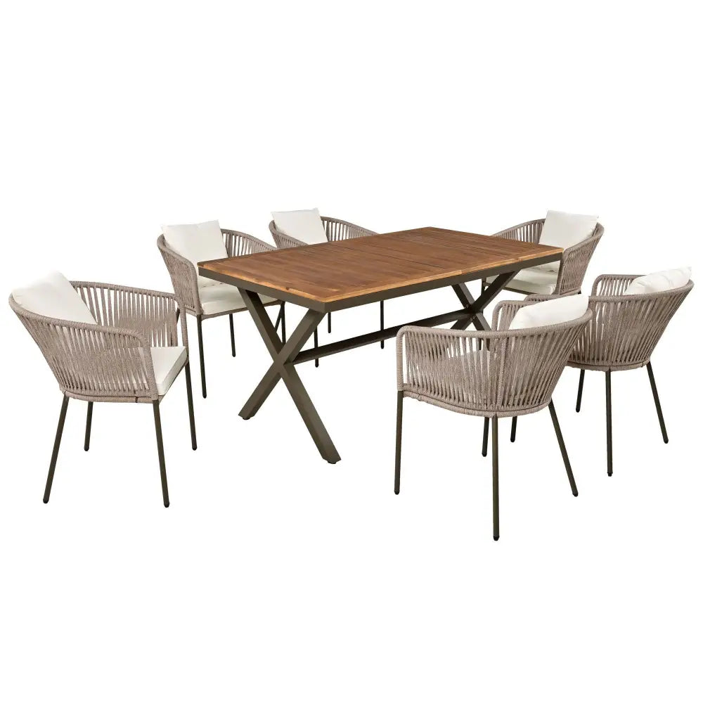 Outdoor dining set with rope chairs featuring acacia wood tabletop and package size details