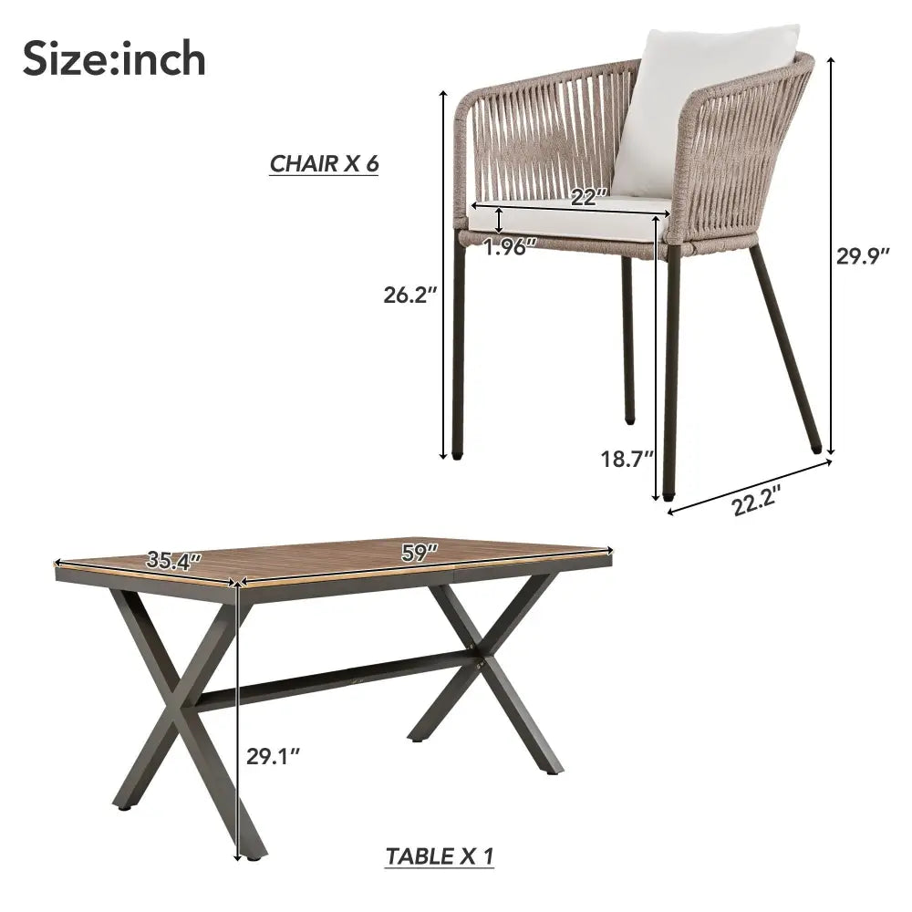 Outdoor dining set with acacia wood tabletop, package size, and dimensions available