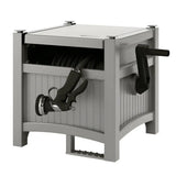 Gray metal garden hose reel for standard vinyl hose with durable resin construction